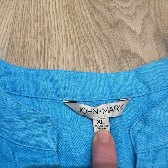 John Mark Aqua 100% Linen Top Button Up Tie Front Blouse Women's XL Boho Artsy - Picture 2 of 7